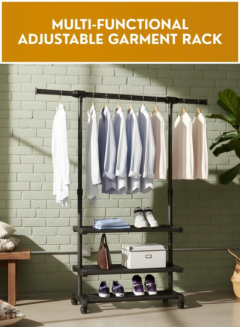 Zefzon Heavy Duty Adjustable Clothes Rack with Wheels & Storage Shelves – Metal Garment Hanging Rail Stand, Rolling Clothing Rack Organizer for Bedroom, Laundry, Boutique & Retail - Image 2